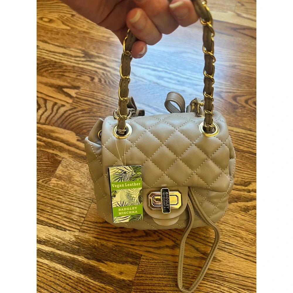 Badgley Mischka Taupe Quilted Vegan Leather Micro Mini Backpack Women NEW OS